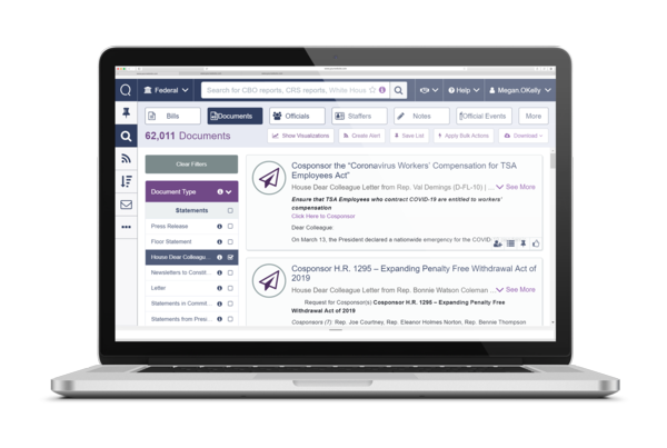 Screenshot of legislative database platform Quorum Analytics dashboard